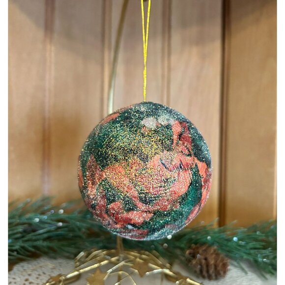 Handcrafted Glittered Beaded Floral Foam Christmas Ornament 3 Inches Red & Green - Picture 2 of 3